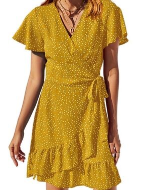 Women’s Mustard Yellow Polka Dot Wrap Mini Dress